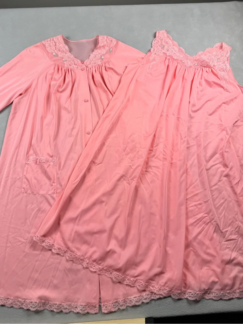 Vintage Shadowline Nightgown Robe Set Pink Lace Medium Silky 70’s Retro Classic